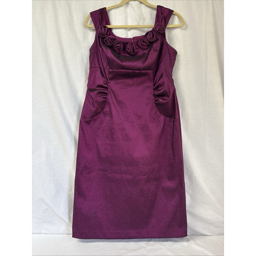 London Times Sleeveless Bodycon Dress Women Sz 14 Magenta Satin Rose Ruffle Neck - Picture 2 of 16